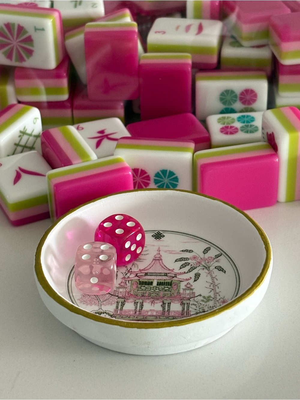 Mahjong Tiles Ceramic Dice Dish chinoiserie Pink Green Pagoda trinket ring